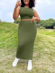 SHEIN EZwear Set de 2 piezas de chaleco de punto y minifalda en verde militar para mujeres