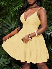 Slaydiva Vestido mini entallado sin mangas de tela de jacquard con recorte de volantes, color amarillo, para uso casual en la playa/días festivos