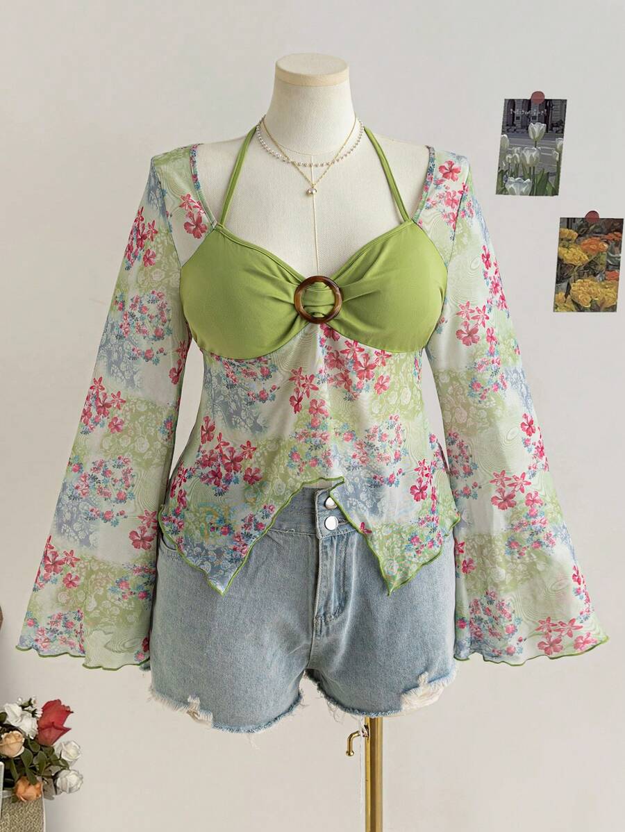 Soleia 大码女式夏季度假上衣，适合返校季，秋季休闲娃娃装上衣，带有花卉印花 - 彩色 - 查看 1