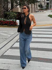 Siren Gaze Áo không tay cổ yếm khoét sâu thắt nơ cho nữ, áo vest thường ngày xẻ hở - màu đen - Xem 8