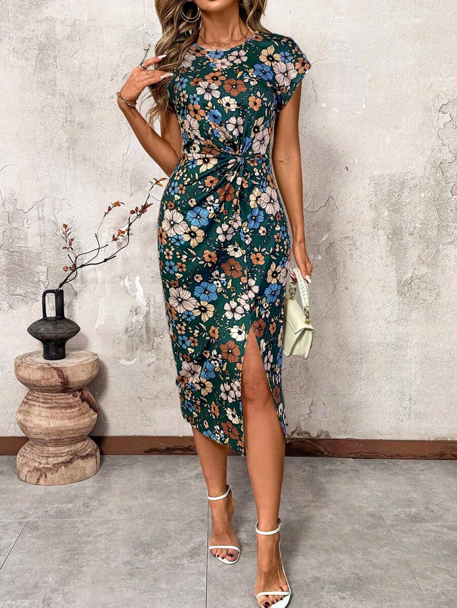 SHEIN Clasi Waist Twist Knot Open Slit Round Neck Dress For Women