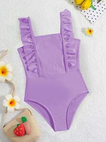 Young Girl Solid Color Ruffle Square Neck One Piece Swimsuit - Mauve Purple - View 1