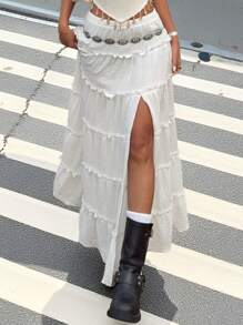 SHEIN EZwear Women's White Semi-Sheer Woven Fabric Tiered Long Skirt: A Casual Layered Style - White - View 1