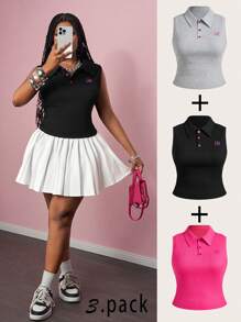 Slaydiva Bộ đồ cỡ lớn Xuân/Hè mới về 3 món: Áo polo không tay dáng ôm, cổ bẻ, phối màu tương phản, cài nút và thêu họa tiết trên ngực, nhiều màu sắc để lựa chọn. - Nhiều màu - Xem 2