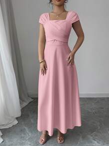 Modelyn Women's Elegant Solid Color Waist-Defined Square Neck Dress For Summer - Baby Pink - View 5