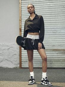 SHEIN Sports 女士纯色落肩长袖短款上衣和迷你裙户外套装 - 彩色 - 查看 5