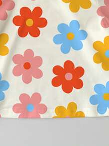 SHEIN Cute Floral Print, Baby Girl Casual Minimalist Short Sleeve Round Neck Top, Suitable For Summer - Multicolor - View 6