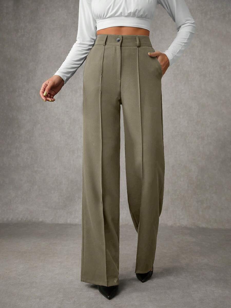EURMUSE Women's Solid Pleated Seam Detailed Suit Pants - Army Green - View 1