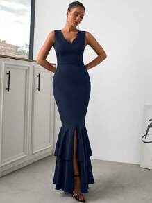 SHEIN Elegante vestido negro de cola de sirena estilo maxi