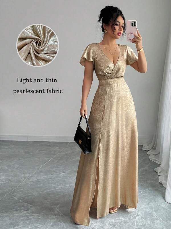 Elenzga Ruffle Sleeve V-Neck A-Line Slit Elegant Romantic Dress For Women
