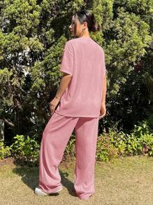 SHEIN EZwear Trang phục hai mảnh dành cho phụ nữ mặc hàng ngày - Hồng - Xem 2