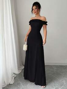 Selianne Đầm nữ thanh lịch, lãng mạn, trễ vai, xếp ly eo, vạt chữ A, chất liệu chiffon, phối ren. - màu đen - Xem 4