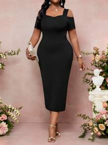 SHEIN Lady Đầm bodycon tay ngắn hở vai cỡ lớn cho nữ trang phục du ngoạn thanh lịch dành cho nữ, Đầm trang trọng dành cho nữ - màu đen - Xem 5