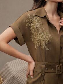 Anewsta Ladies' Spring/Summer Music Festival High Waist Heavy Craftsmanship Embroidery Coconut Tree With Belt Decoration Green Vacation Short Sleeve Jumpsuit - Brown - View 7