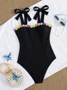 Swim Vcay Swim Mod Women One-Piece Swimsuit, Fresh Solid Color With 3D Floral Decor, Sexy Bow Accent, One-Piece Swimwear For Summer Beach - Black - View 1