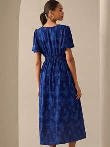 Lilora Váy midi tay bèo cổ chữ V họa tiết hoa jacquard dành cho nữ, thanh lịch mùa xuân/hè - Màu xanh hải quân - Xem 2