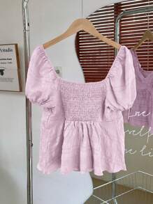 SHEIN Unity 女式红色短袖衬衫，高科技材料制造，方领，收腰，纽扣设计 - 淡紫色 - 查看 2