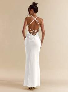 SHEIN BAE Apricot & White Deep V-Neck Backless Tie-Up Dress, Elegant Long Dress For Vacation, Wedding Bridesmaid, Birthday Party, Back To School Graduation, Spring/Summer,Bodycon Dress - White - View 4