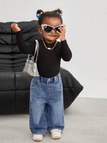 SHEIN Baby/Baby GirlVintage Blue Denim Loose Straight Leg Pants - Medium Wash - View 4