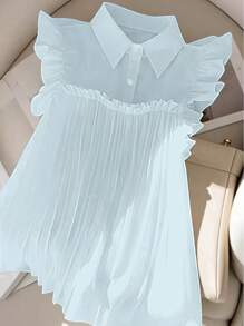 Franclia Elegant French Style White Chiffon Blouse With Ruffled Collar - Baby Blue - View 3