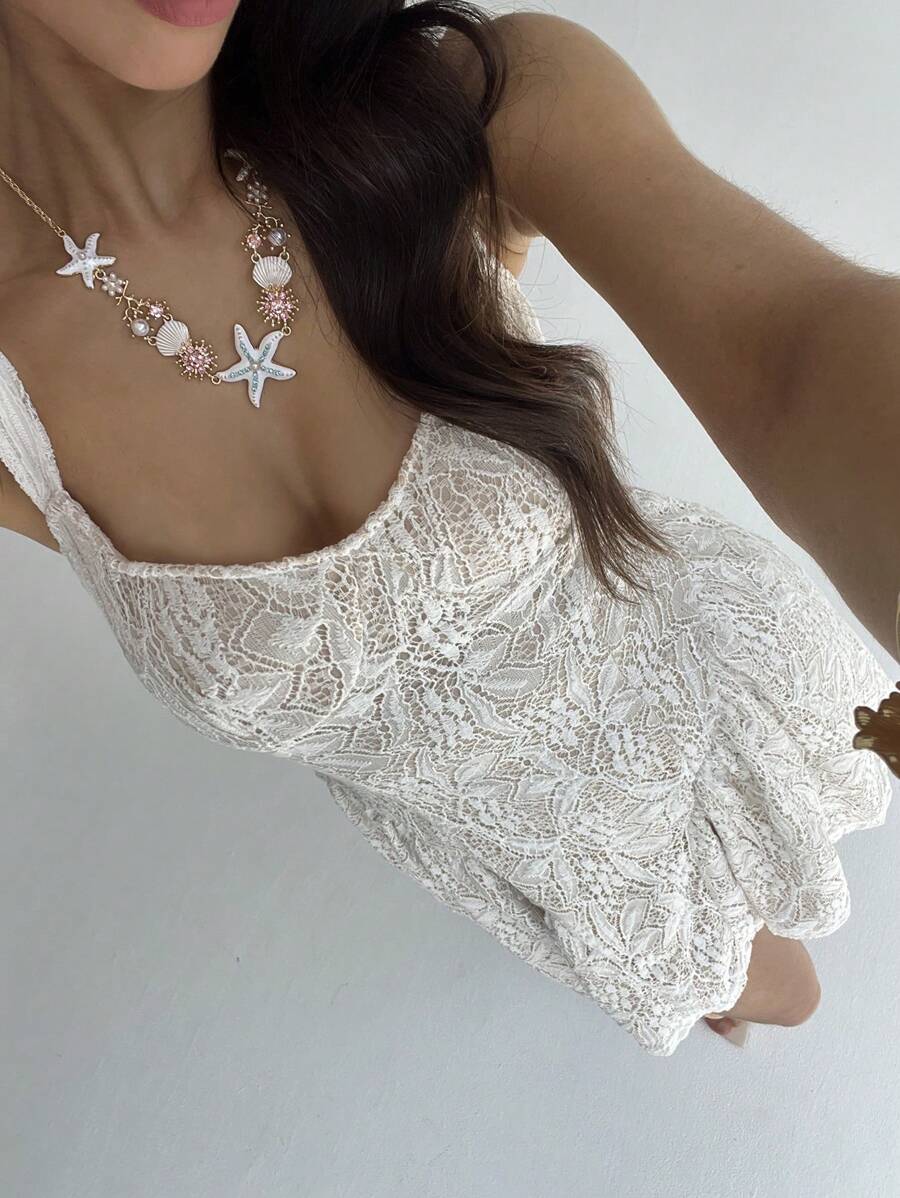 Aloruh Spring/Summer Vacation Romantic Date White Textured Sleeveless Bodycon Mini Dress For Women - White - View 1