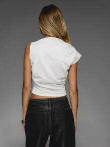 MISSGUIDED Asymmetric Cap Sleeve Mock Neck Crop Top Ruched Side Detail Sleeveless Summer Spring Fashion Essential Basic Versatile - White - View 2