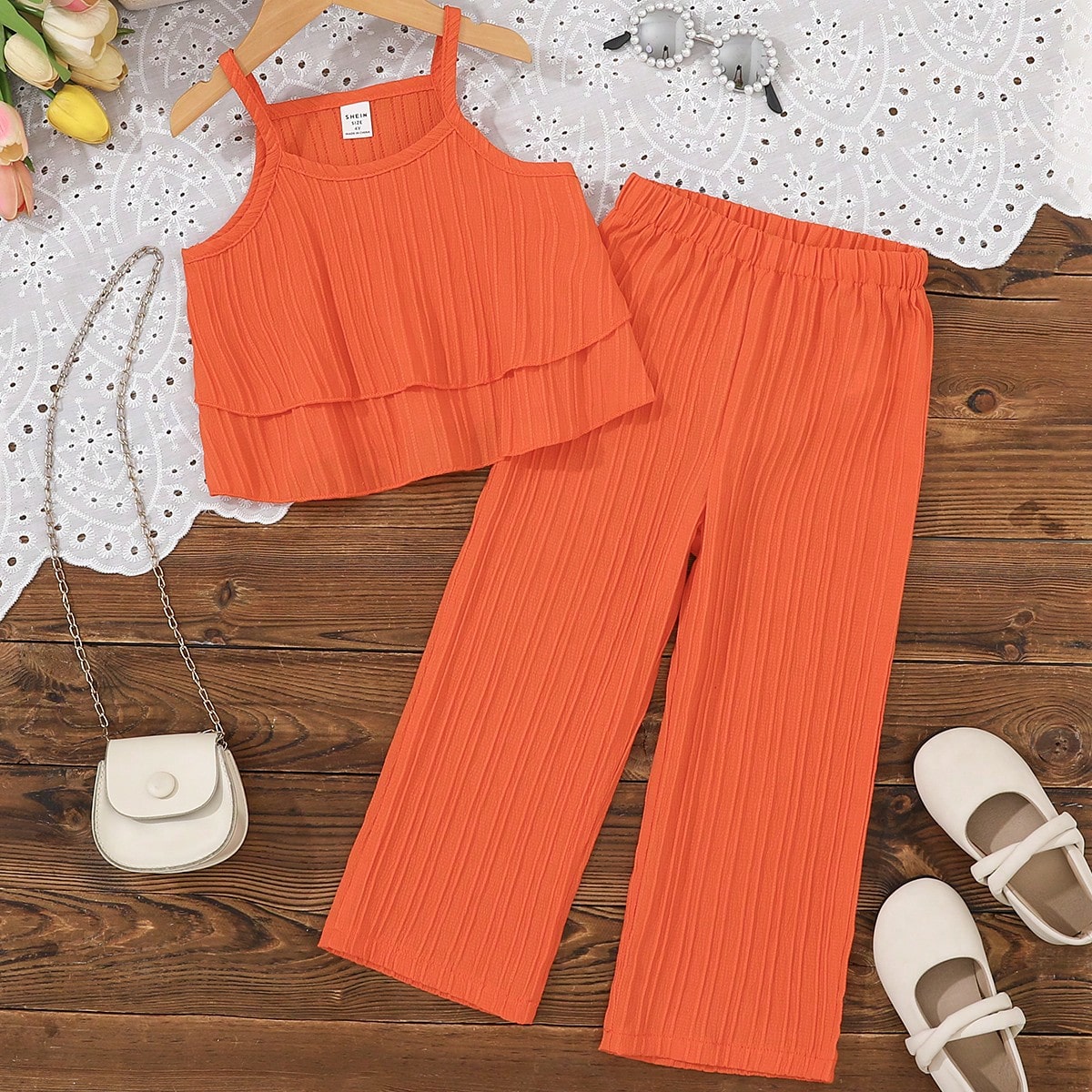 Set de 2 piezas con top con volantes y pantalones, moda y cómodo para niña, adecuado para vacaciones de verano