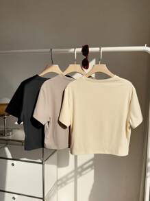Comfortcana 3pcs/Pack Plus Size Basic Round Neck Colorful Short Sleeve T-Shirts, Casual Tops - Multicolor - View 2