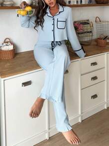 Lowkey Lull Women's Pajama Set With Trimmed Single Breasted Long Sleeve Top And Pants, Fall Winter Clothes - Blue - View 6