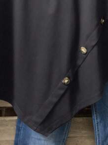 Plus Size Women's Solid Color Round Neck Short Sleeve Button Design Casual T-Shirt - Dark Grey - View 3