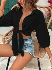 EMERY ROSE Tie-Front Ruched Textured Chiffon Blouse, Suitable For Spring/Summer - Black - View 4