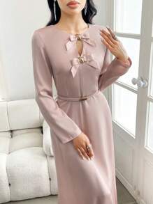 Modelyn Đầm dự tiệc bó sát, trang trí nơ kim loại phía trước thanh lịch dành cho nữ - Hồng - Xem 3