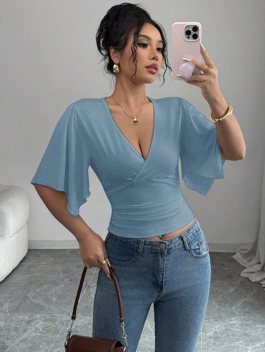Selianne Casual Vacation Asymmetrical Ruffle Short Sleeve Crop Top For Women - Dusty Blue - View 1