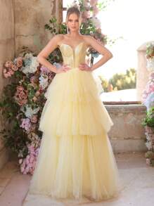 Glamrae Elegante y hermoso vestido de fiesta de satén con profundo escote en V, múltiples capas y detalles de ballenas, ideal para citas, fiestas, graduaciones, ceremonias de boda, ocasiones formales y cenas. Color amarillo claro con tul. - Amarillo - Ver 4