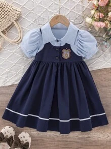 SHEIN 年轻女孩夏季拼布灯笼袖刺绣腰带 A 字连衣裙，校园风格