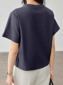 Dazy-Less Áo thun nữ công sở mùa hè, kiểu dáng thường ngày, thắt nút bất đối xứng, tay ngắn, thích hợp cho giáo viên. - Màu xanh hải quân - Xem 3