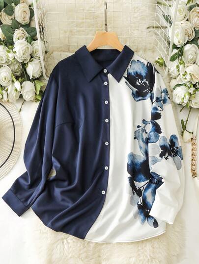 SHEIN Lacomfia Áo cánh tay dài in hoa nhuộm loang màu cho nữ, thường ngày, đa năng, cỡ lớn