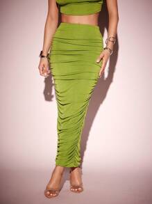 Vixey Slinky Knit Ruched Side Detail Maxi Bodycon Skirt, Summer Outfits For Women - Green - View 4