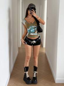 StreetHx Women's Slim Fit Fishnet Patchwork Graphic T-Shirt, Stylish Summer - Army Green - View 4