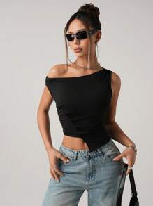 SHEIN ICON Camiseta de mujer de manga corta con hombros descubiertos, minimalista, sexy, con botones asimétricos en la cintura y plisados - Negro - Ver 4