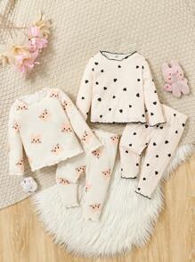 SHEIN 4 件套新生女婴可爱卡通印花针织弹力长袖上衣和松紧腰长裤套装，秋冬