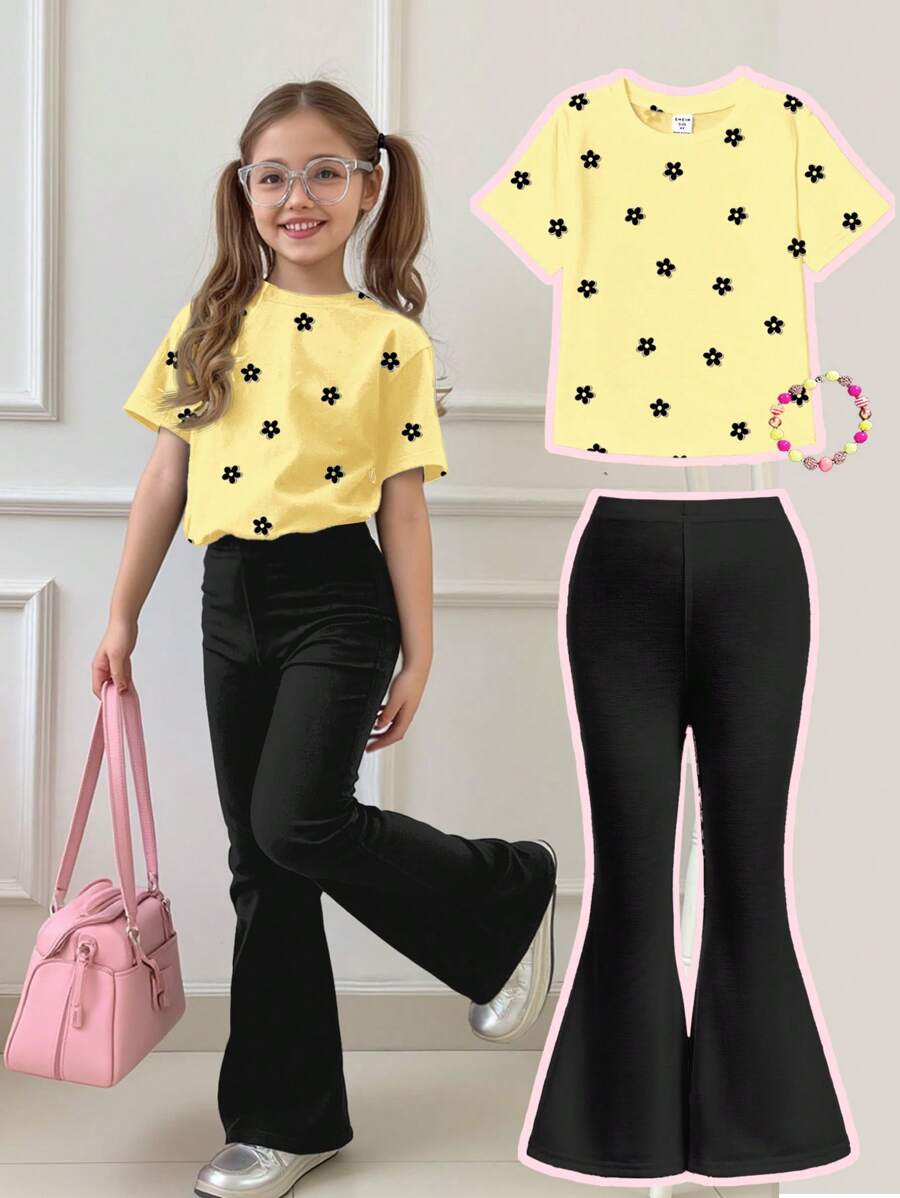 SHEIN Leap Crew 青少年女孩休闲简约短袖上衣和裤子两件套,适合夏季 - 彩色 - 查看 1