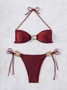 SHEIN Swim 女士春假海滩装：露背性感镂空海滩度假泳装套装 - 酒紅色 - 查看 3