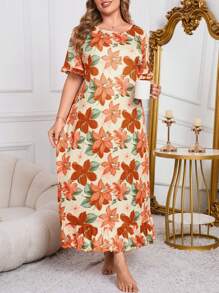 SHEIN Camisón de manga corta con volantes y estampado floral, vestido de dormir tipo "Moo Moo" de talla grande - Multicolor - Ver 4