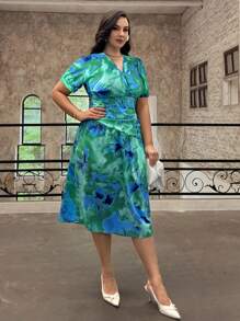 SHEIN Privé Plus Size Floral Print Asymmetrical Hem Ruffle Dress, Elegant French Romantic Style, Suitable For Fall - Multicolor - View 6