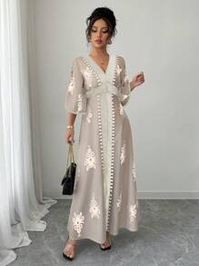 Rafferiza 女式撞色饰边长袖图案印花休闲长裙 - 卡其色 - 查看 5