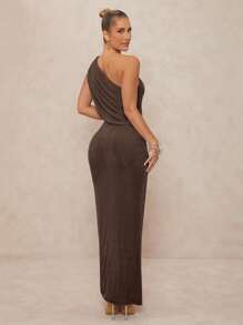 Lumalex 1pc Women's Metal Decor Ruched Twist Bodycon Extra Long Dress - Chocolate Brown - View 3