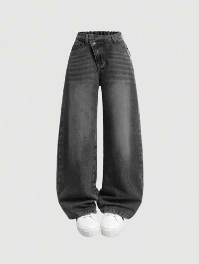 SHEIN Girlism Tween Girl Y2K 时尚复古水洗不对称腰部复古宽松牛仔阔腿牛仔裤，秋季返校服装