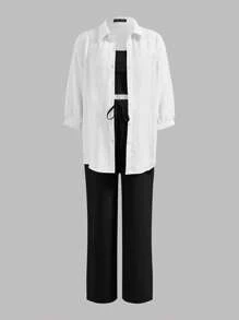 Modmama Solid Color Sleeveless Top, Tie-Front Pants, And Shirt Maternity Set - Black - View 10