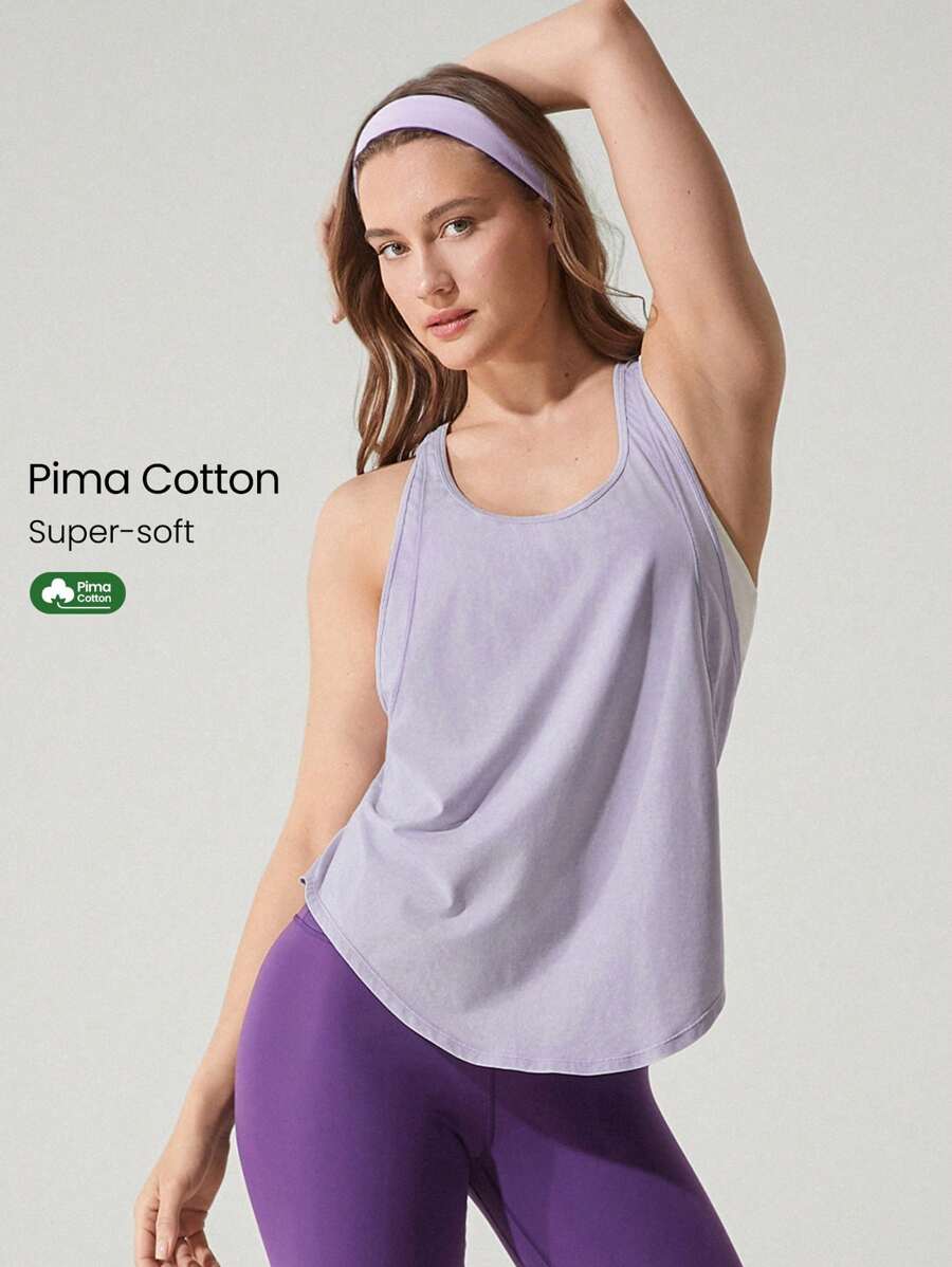 GLOWMODE Washed Pima Cotton Ready To Race Hip Length Racerback Active Tank Top Low Impact Daily Casual Wear - Mauve Purple - View 1